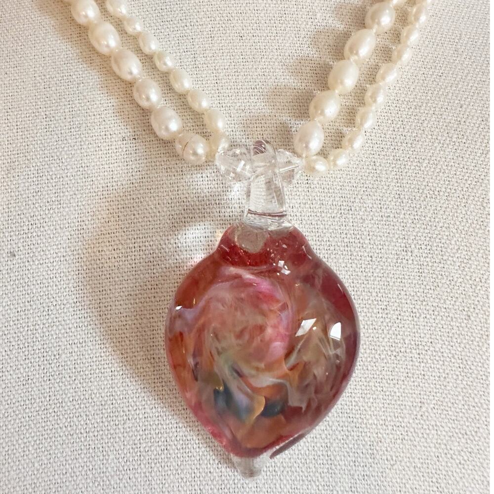 Blown Glass Pendant Faux Pearl Statement Necklace Casual Preppy Jewelry 18" long